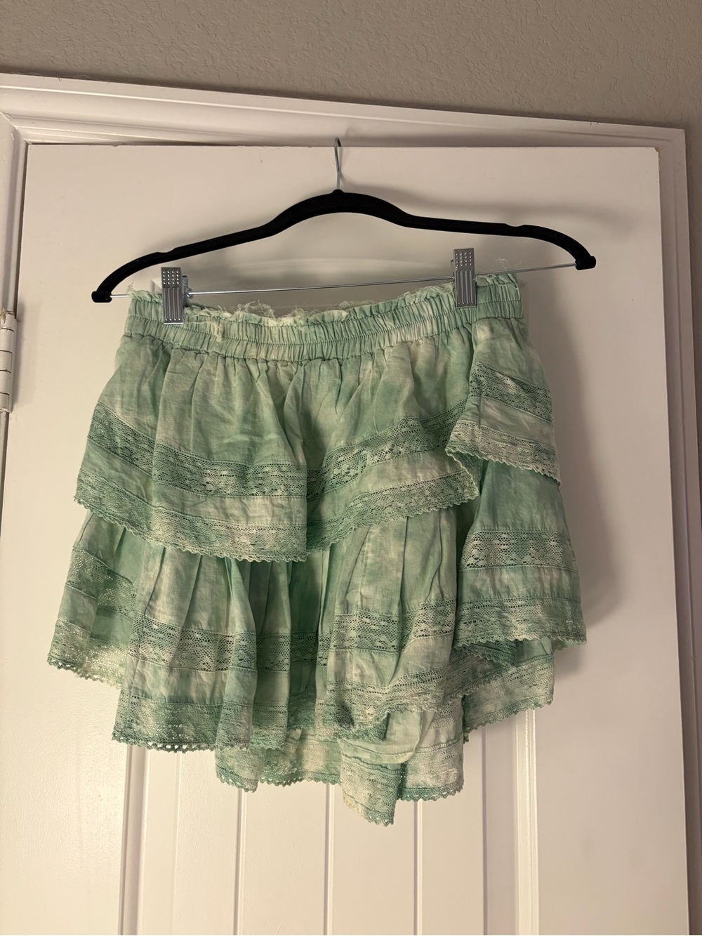 Love Shack Fancy Light Mint Tiered Lace Mini Skirt